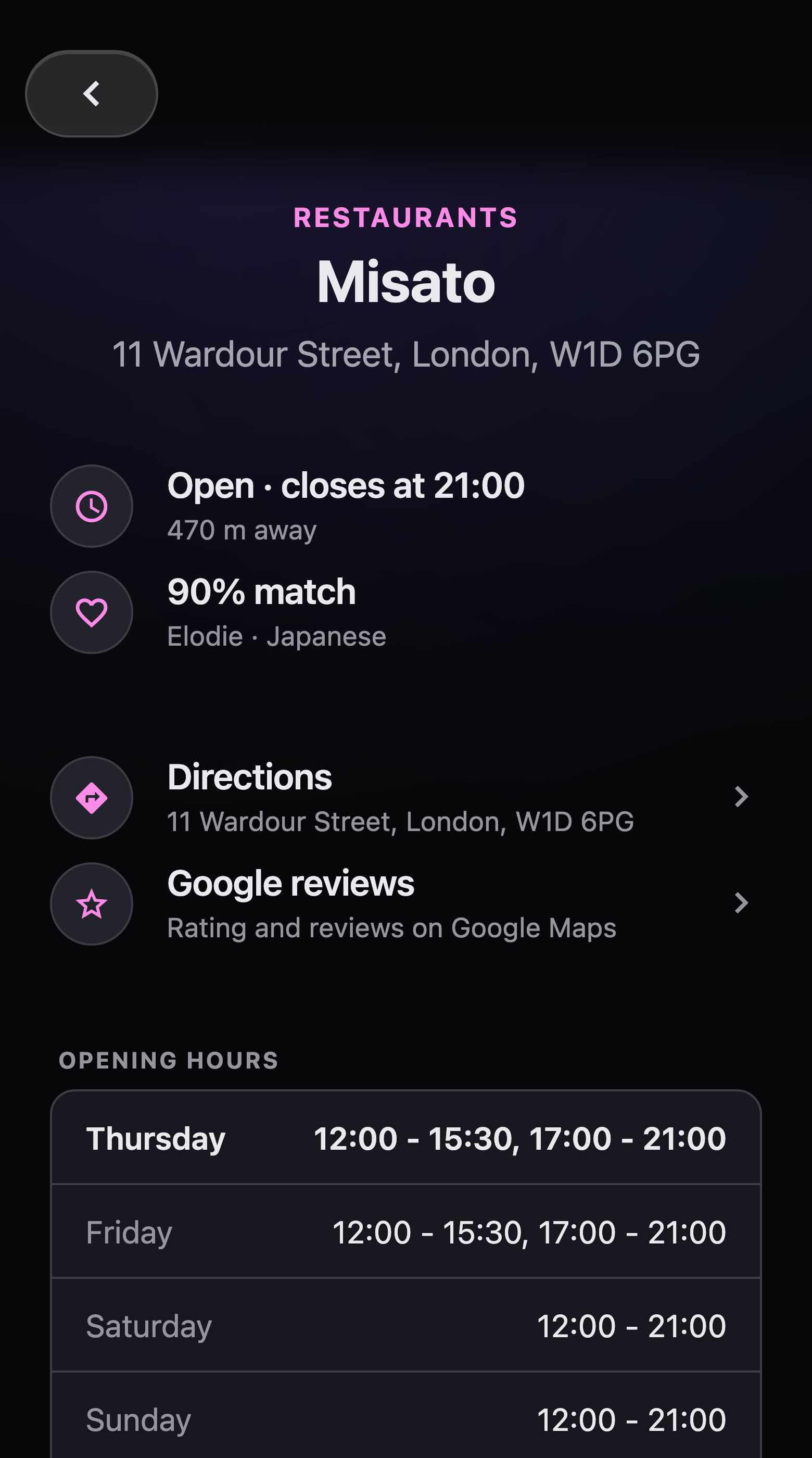 The Misato restaurant: a 90% match with Elodie, the week's opening hours, Google reviews and Plan a meeting here