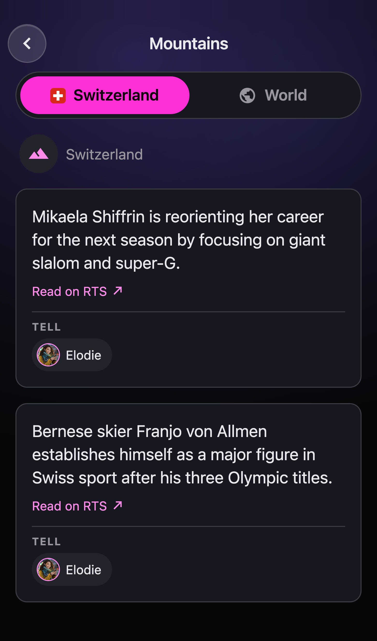 The Mountains topic in the app, Swiss edition: two stories of the day, each with a link to its source, and Elodie, who to tell