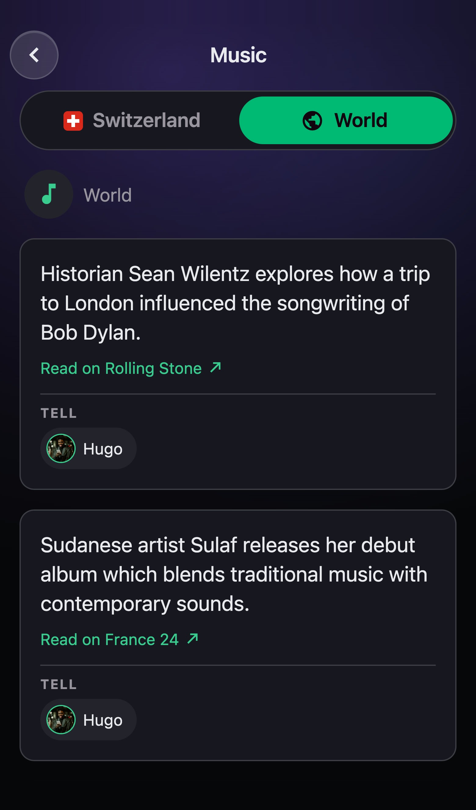 The Music topic in the app, World edition: stories of the day with a link to their source, and Hugo, who to tell