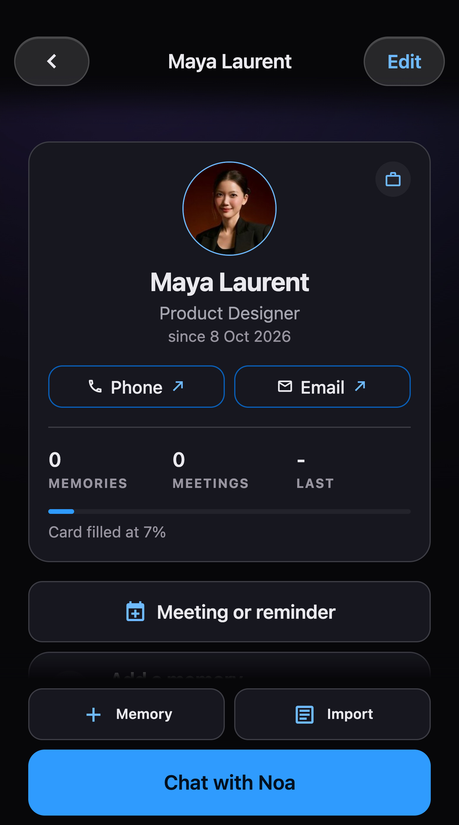 Maya Laurent's card created by the scan: her photo cut out of the business card, her title, phone and email