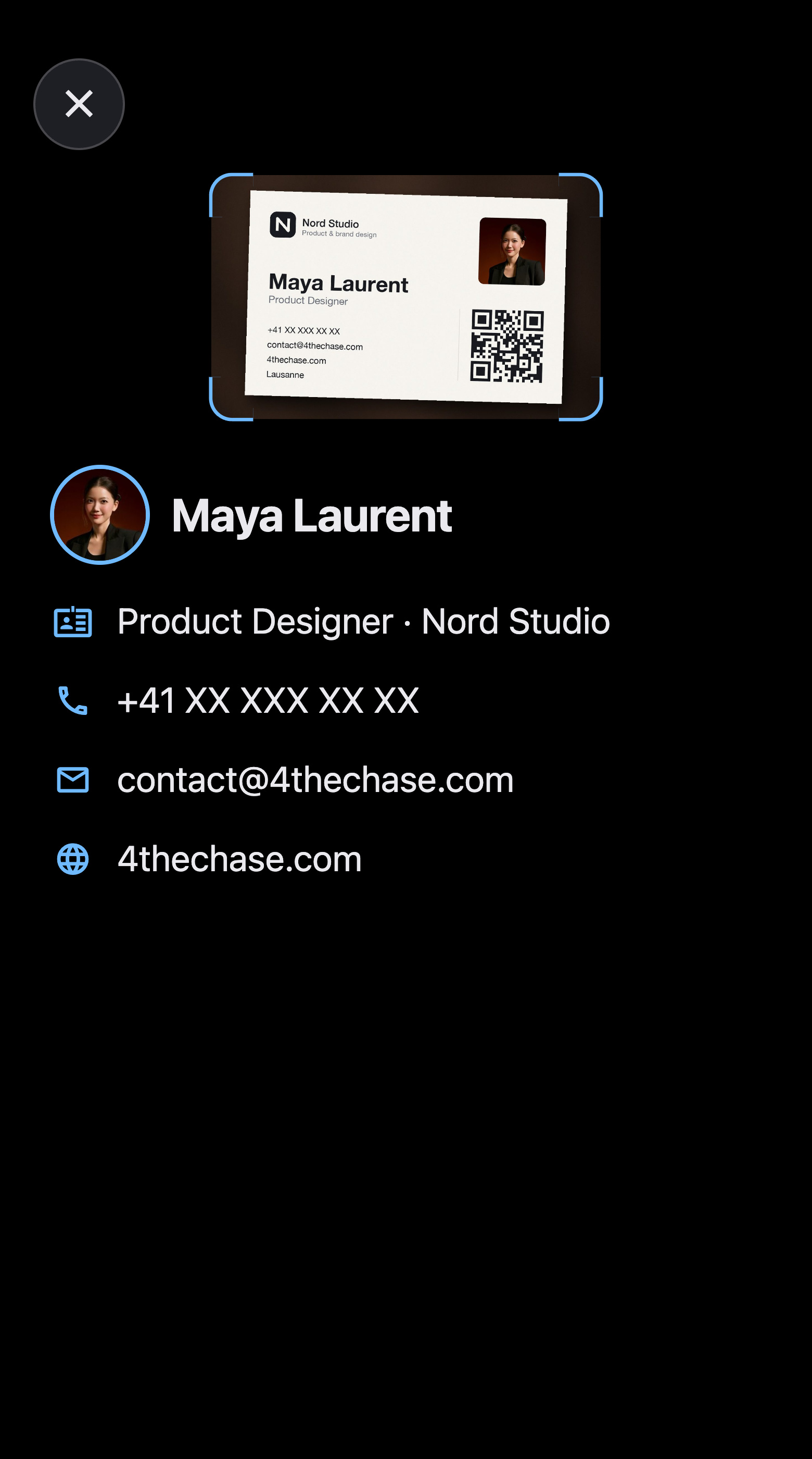 The business card once read: Maya Laurent's photo cut out of it, Product Designer at Nord Studio, her phone, email and website